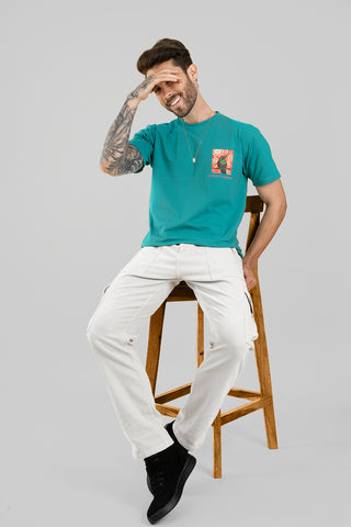 Men's Turquoise Printed Regular Fit T-Shirt