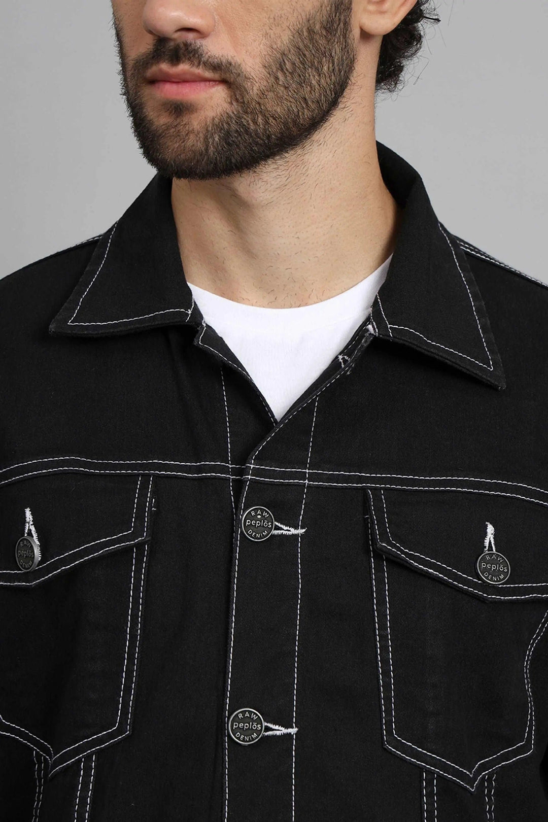 Regular Fit Black Denim Cargo & Jacket Co-ord Set for Men - Peplos Jeans 