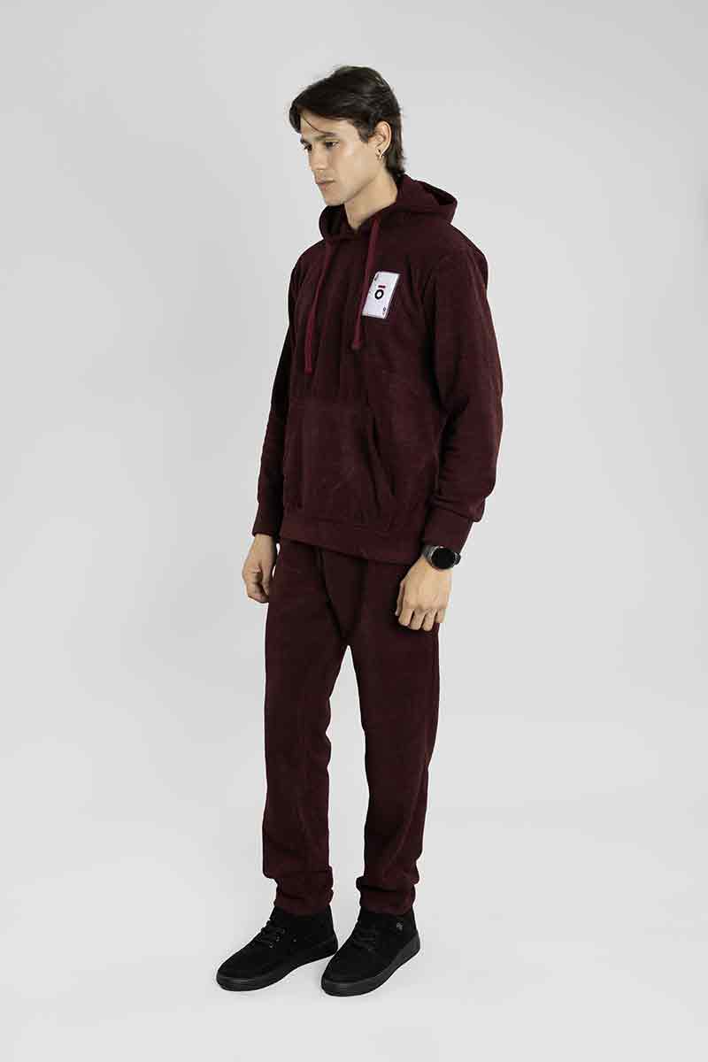 Regular Fit Wine Color Fleece Co-ord Set With Hoodie