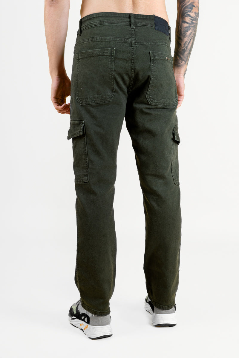 Men's Dark Green Denim Cargo Trousers - Regular Fit