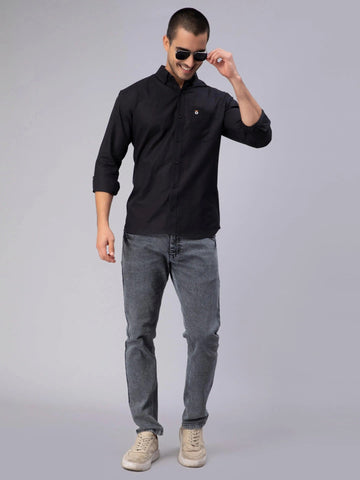 Men's Black Solid Plain Casual Shirt - Ban Collar