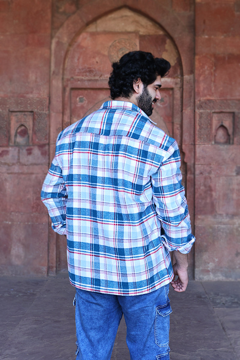 Oversized Checkered Shacket For Men (Blue & White)