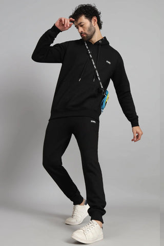 Regular Fit Solid Black Hoodie with pants Set For Men