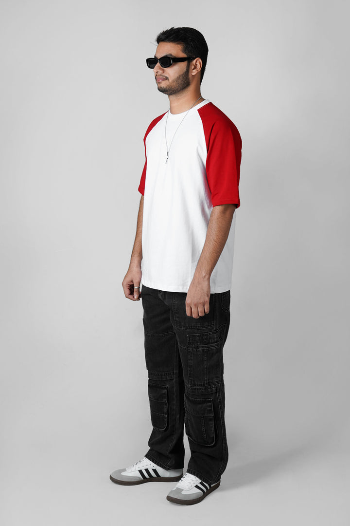 Oversized Printed Raglan Sleeves T-Shirt (Red & White)