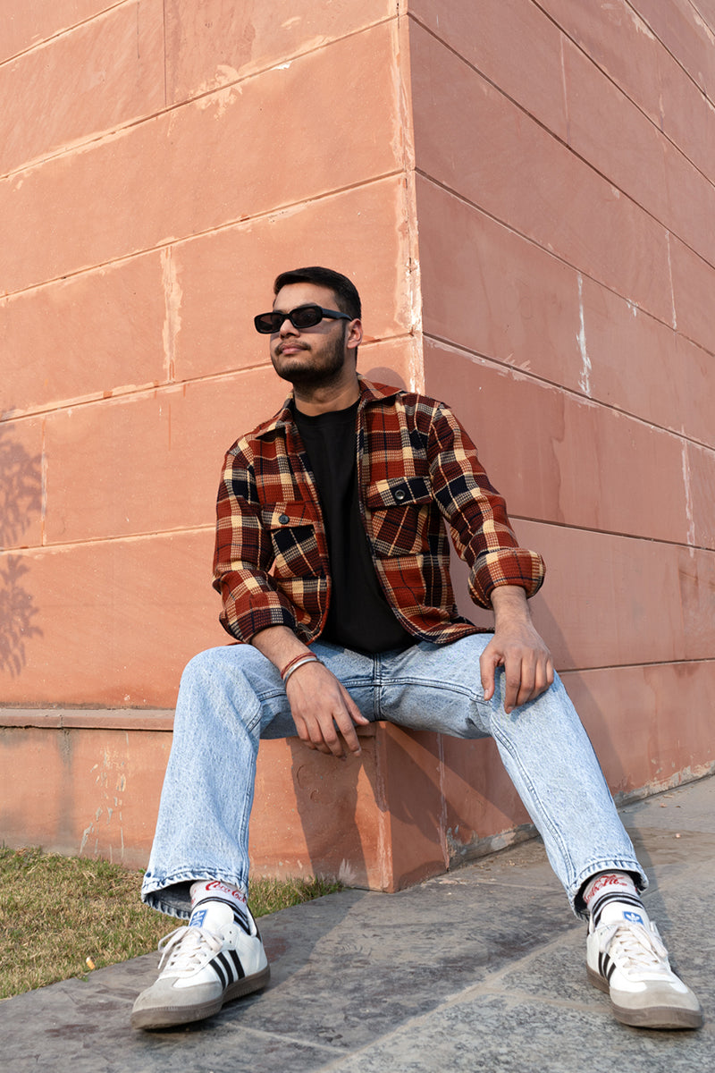 Oversized Checkered Shacket For Men (Brown)