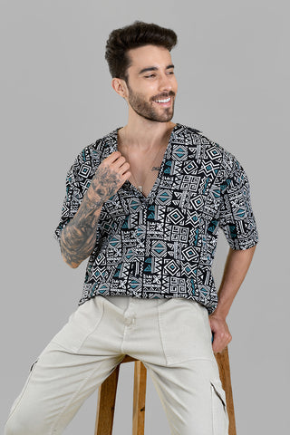 Men's Black White Oversized Tribal Print Shirt