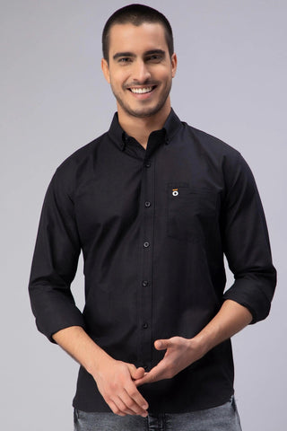 Men's Black Solid Plain Casual Shirt - Ban Collar