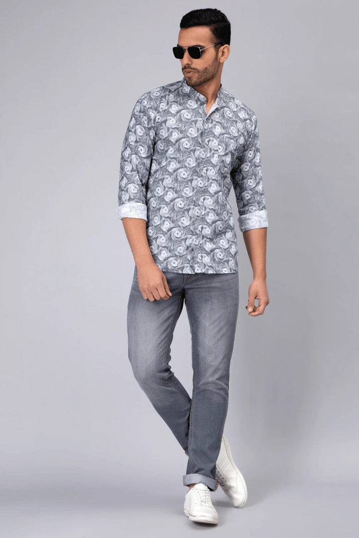 Regular Fit Chinese Color Grey Printed Shirt For Men - Peplos Jeans 