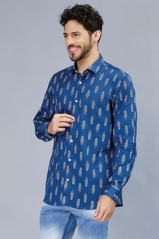 Men's Dark Blue Multi Color Patterned Casual Shirt