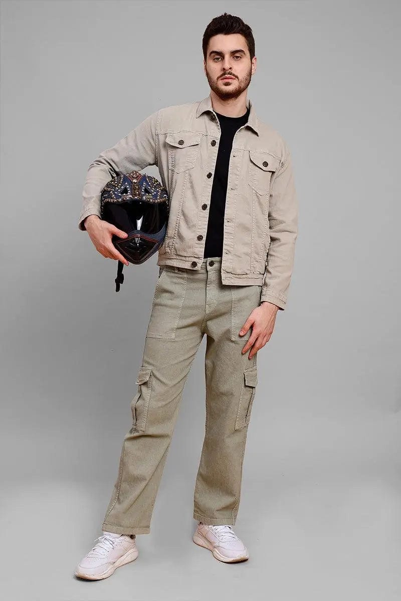 Regular Fit Grey Denim Cargo Jacket Co-ord Set for Men