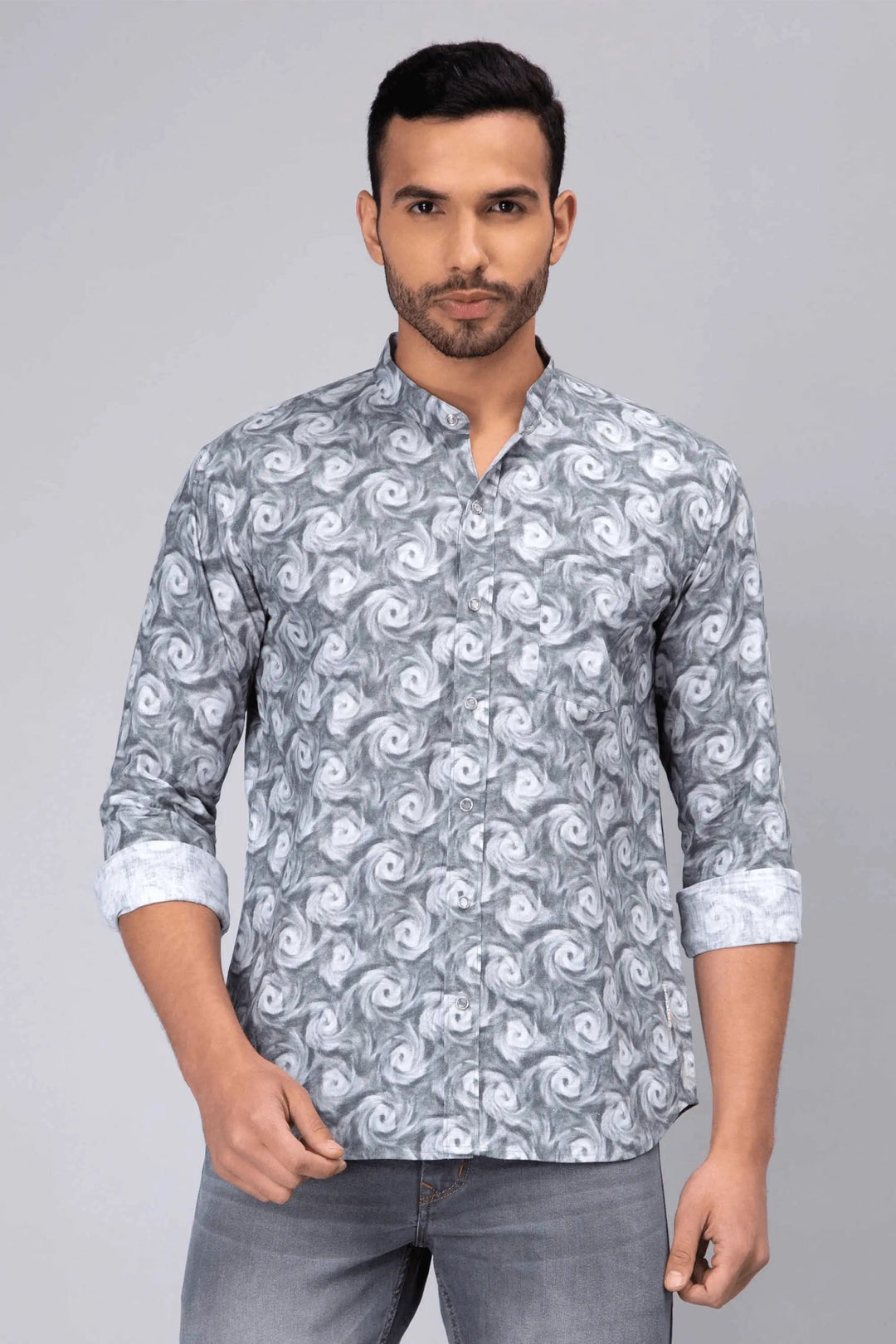 Regular Fit Chinese Color Grey Printed Shirt For Men