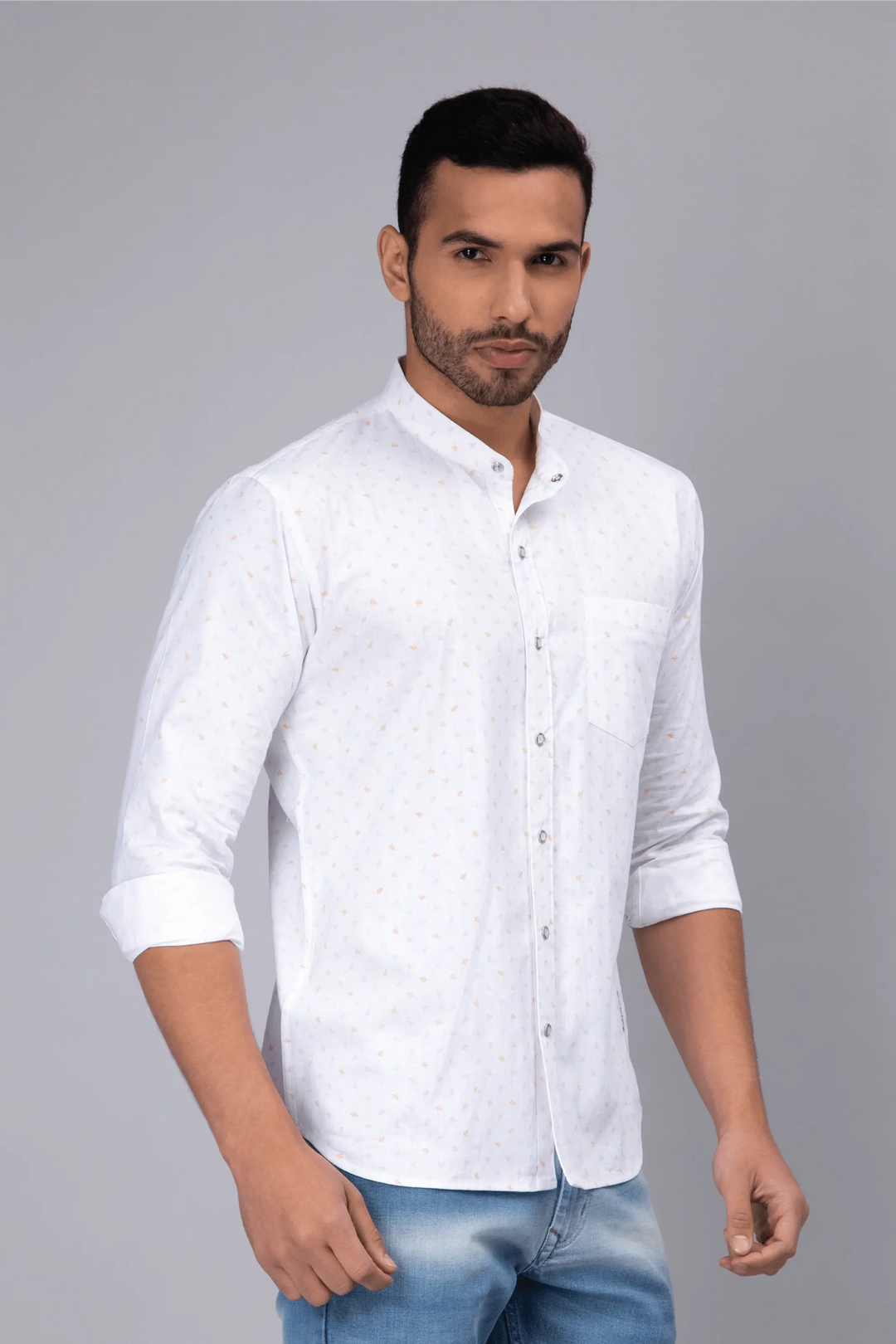 Regular Fit Chinese Color White Printed Shirt For Men