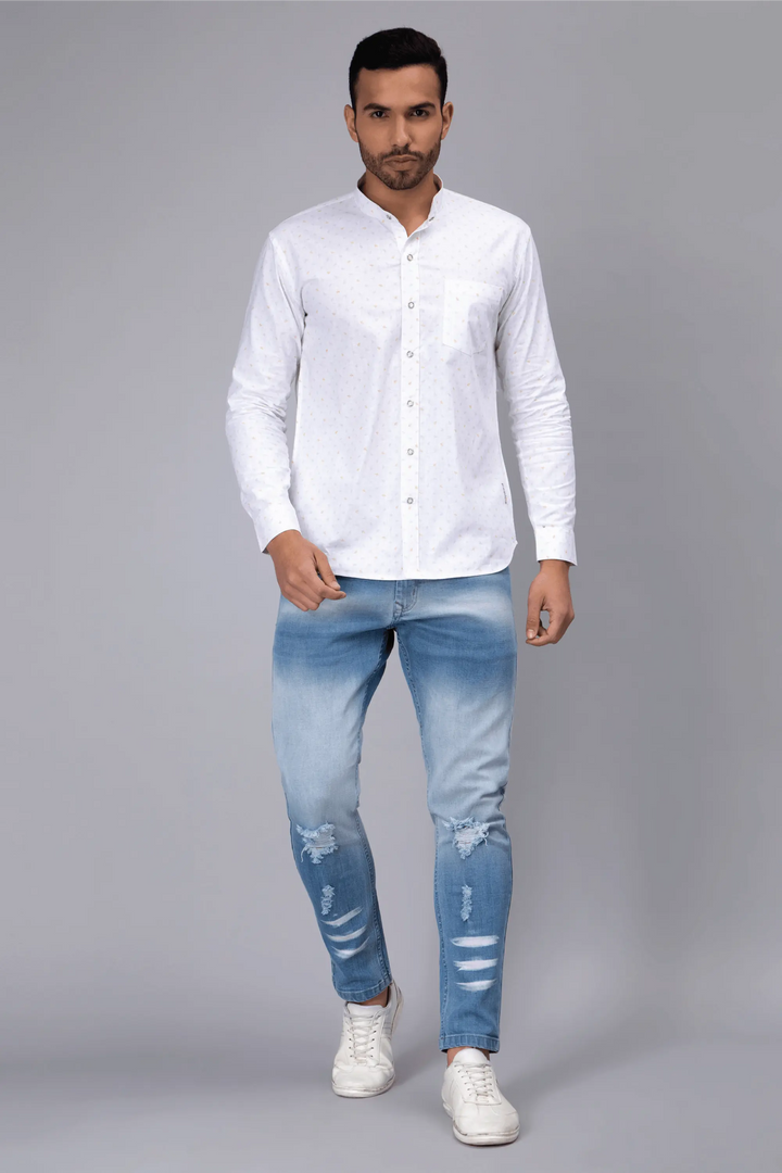 Regular Fit Chinese Color White Printed Shirt For Men - Peplos Jeans 