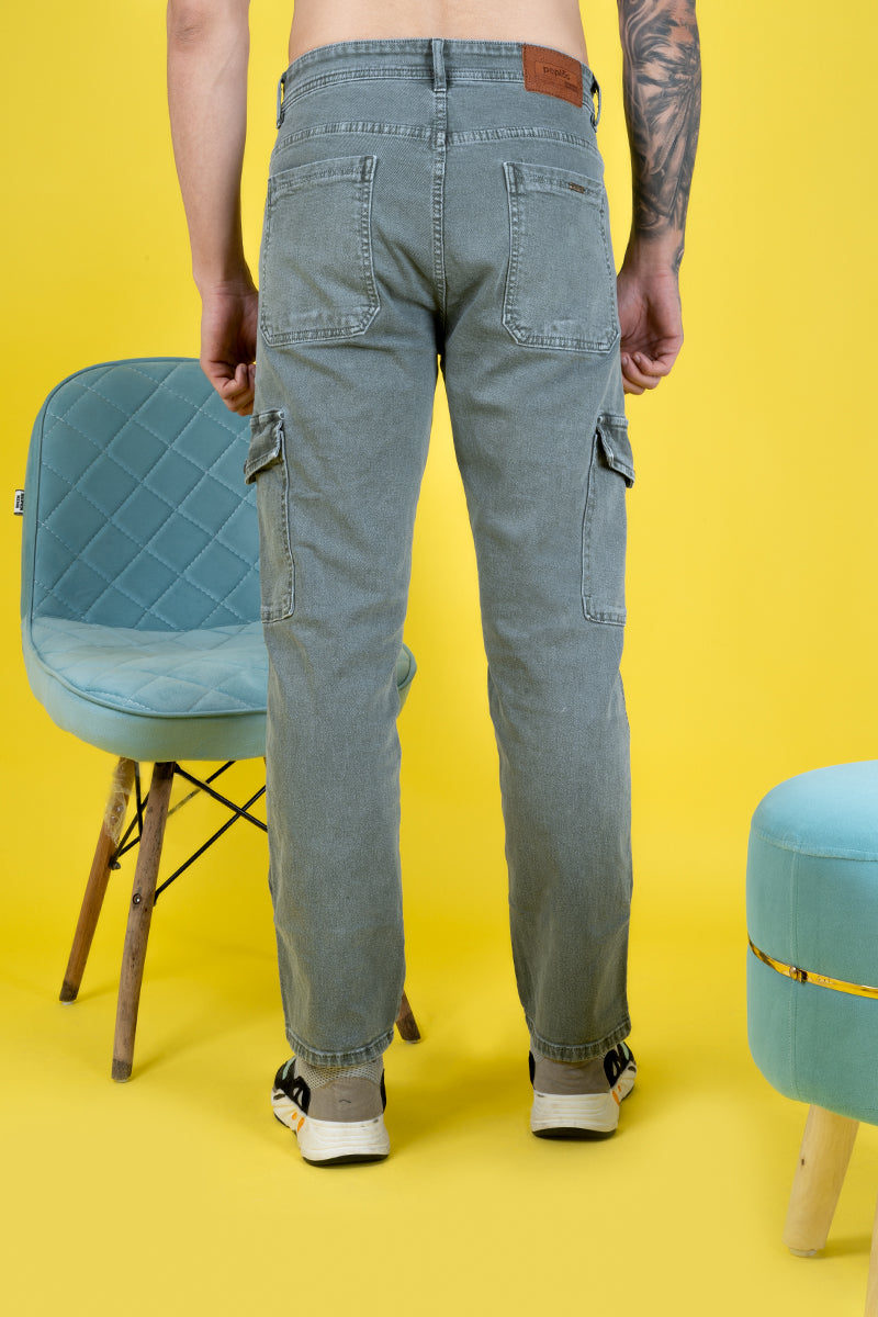 Men's Regular Fit Stretchable Denim Cargo Pants in Light Green - Casual Wear