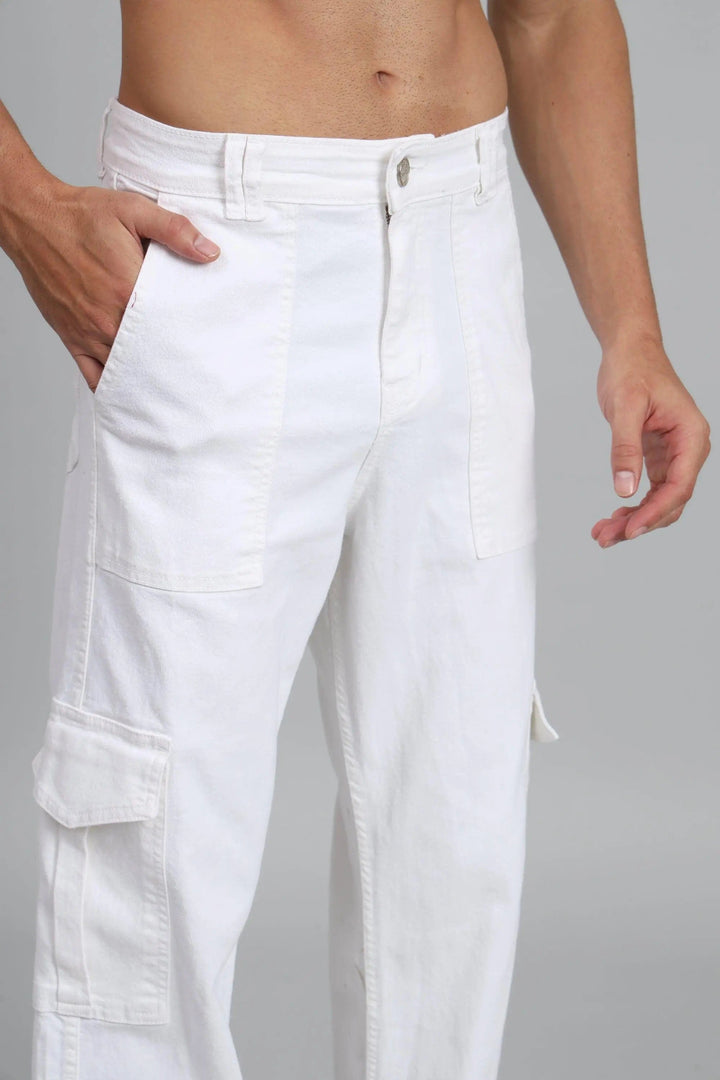 Men's Loose Fit Multiple Pocket White Denim Cargo Pant
