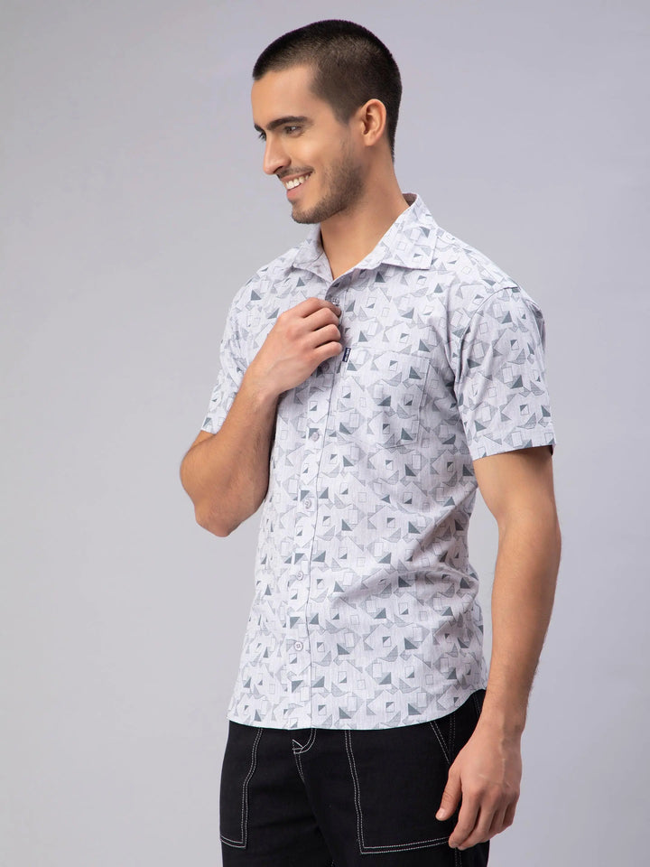 Regular Fit Pure Cotton Grey Printed Casual Shirt For Men - Peplos Jeans 