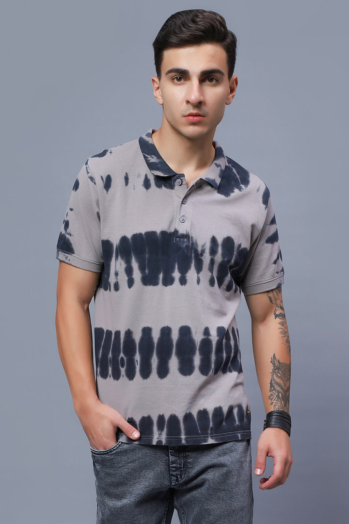 Men's Polo Neck Grey Tie & Dye Cotton T-shirt - Peplos Jeans 