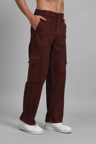 Men's Loose Fit Multiple Pocket Brown Denim Cargo Pant