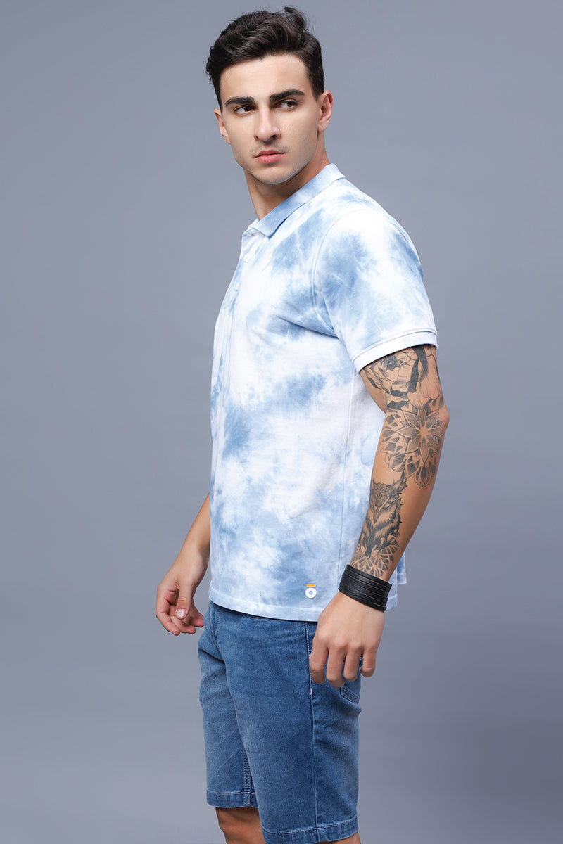 Men's Polo Neck Blue Tie & Dye Cotton T-shirt - Peplos Jeans 