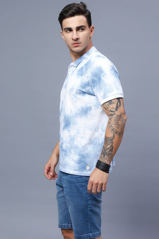 Men's Polo Neck Blue Tie & Dye Cotton T-shirt