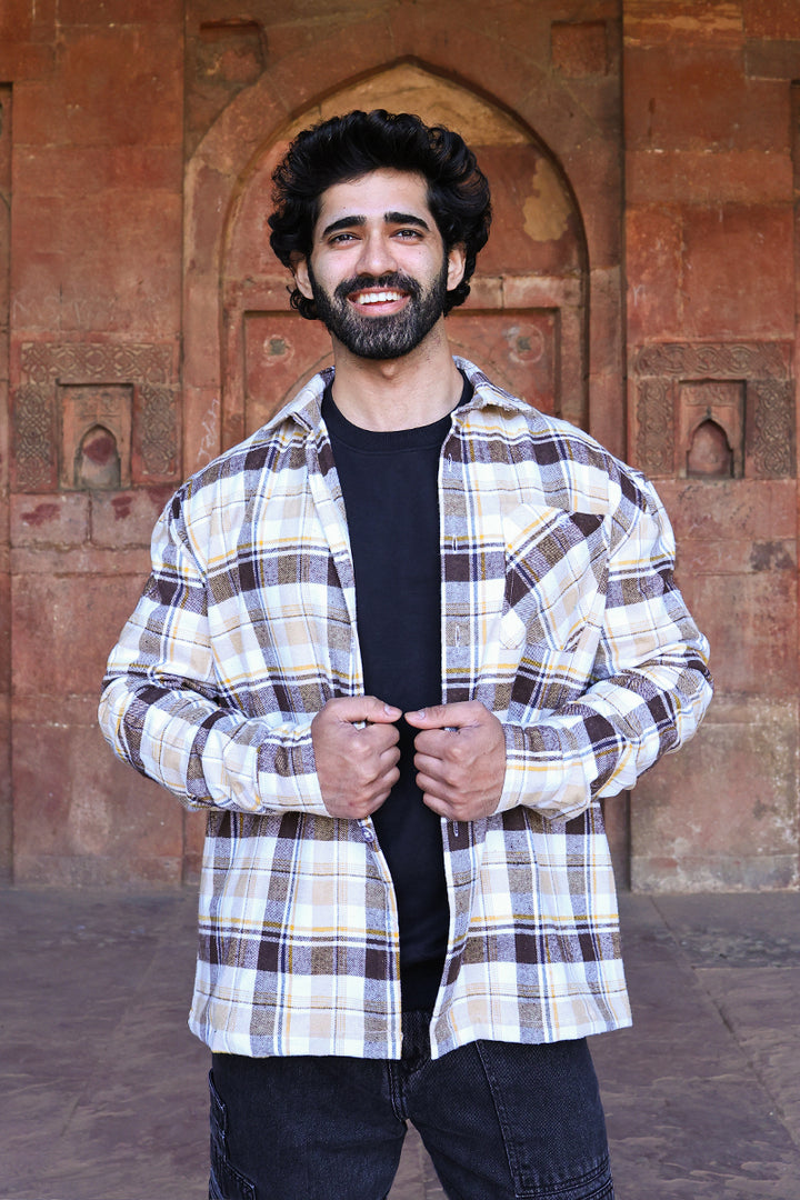 Oversized Checkered Shacket For Men (Brown)