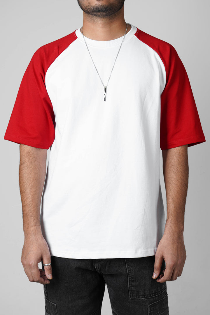 Oversized Printed Raglan Sleeves T-Shirt (Red & White)