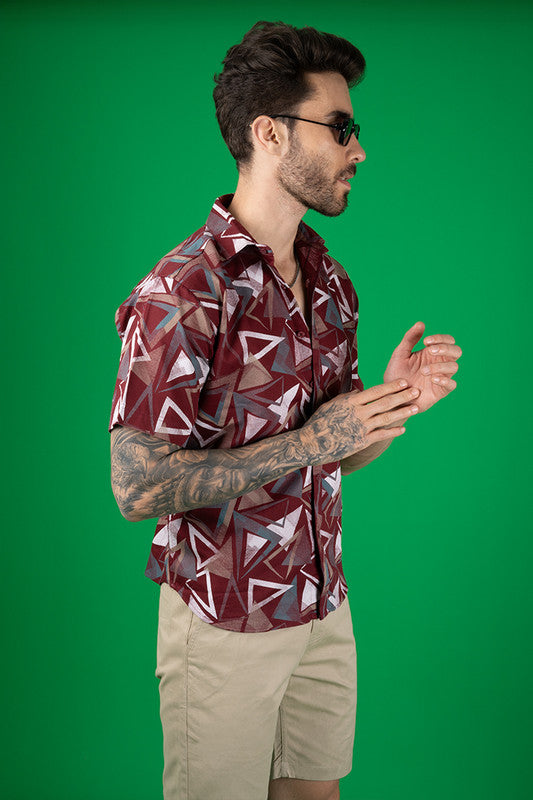 Men's Maroon Cotton Casual Shirt - Geometric Print