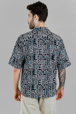 Men's Black White Oversized Tribal Print Shirt