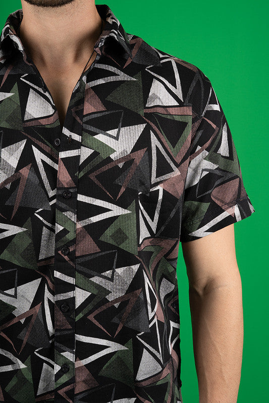 Men's Black Cotton Casual Shirt - Geometric Print