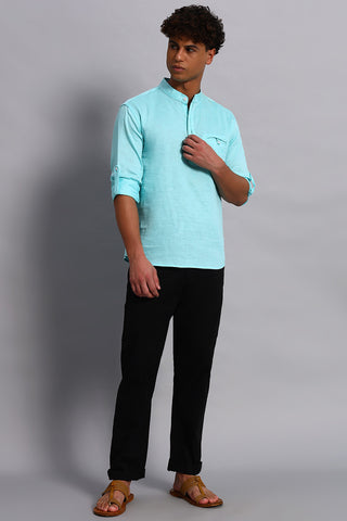 Full sleeves Aqua color Pure Cotton Short Kurta Shirt