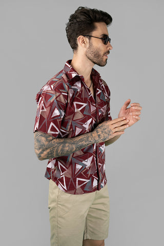 Geometric Print Men's Maroon Funky Shirt