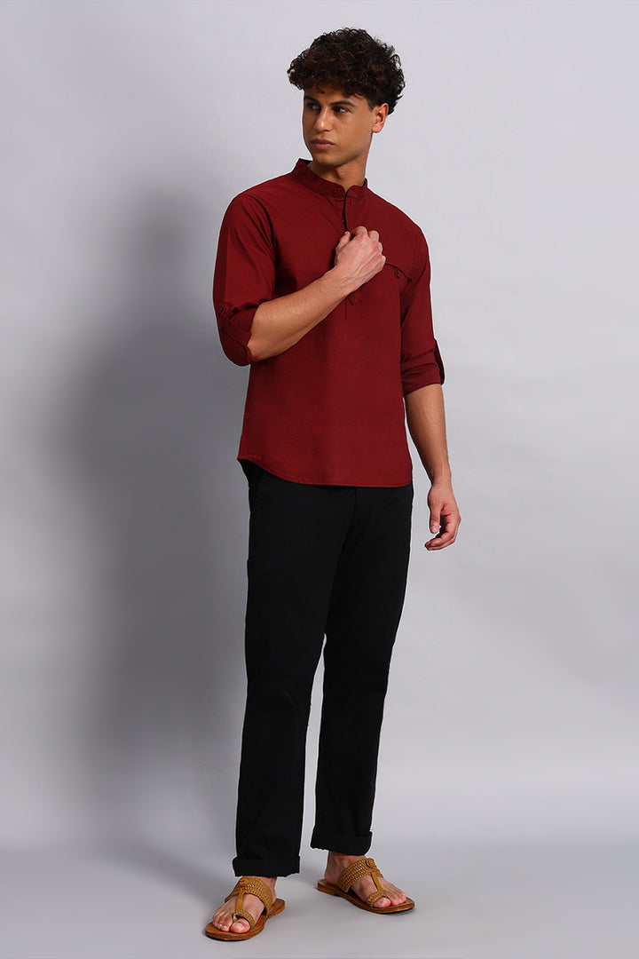 Full sleeves Maroon color Pure Cotton Short Kurta Shirt