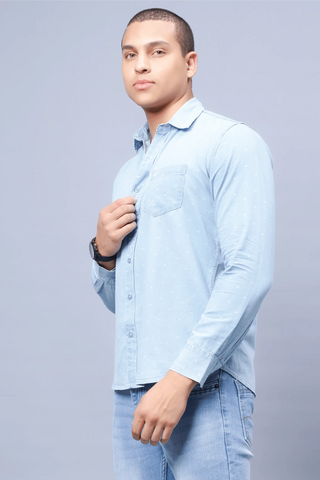 Regular Fit Light Blue Solid Denim Shirt For Men