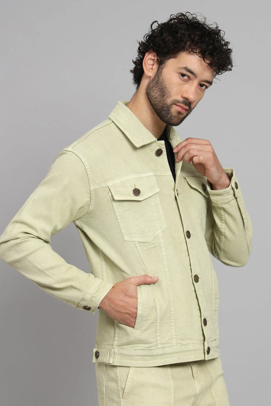 Regular Fit Pista Lime Color Denim Jacket for Men
