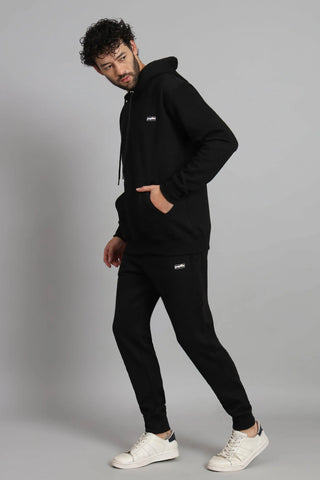 Regular Fit Solid Black Hoodie with pants Set For Men