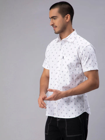 Regular Fit Pure Cotton White Printed Casual Shirt For Men