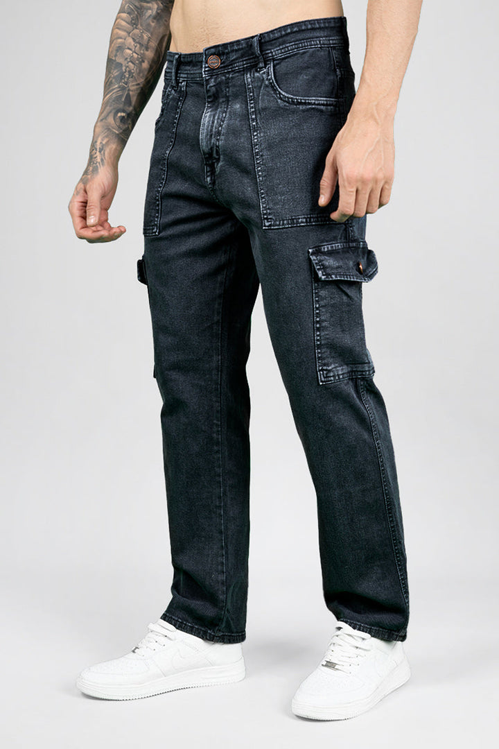 Men's Regular Fit Black Denim Cargo Trousers