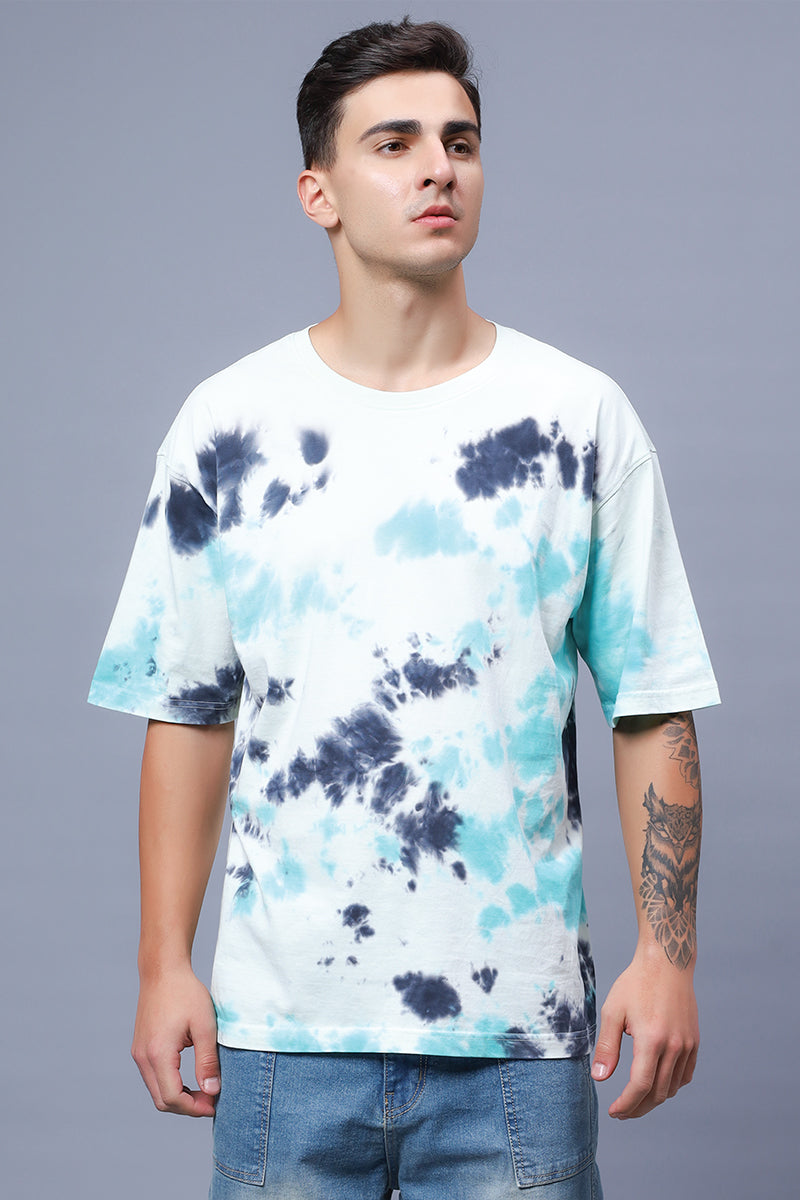 Men's Sea Green Pure Cotton Tie & Dye Oversized T-shirt - Peplos Jeans 