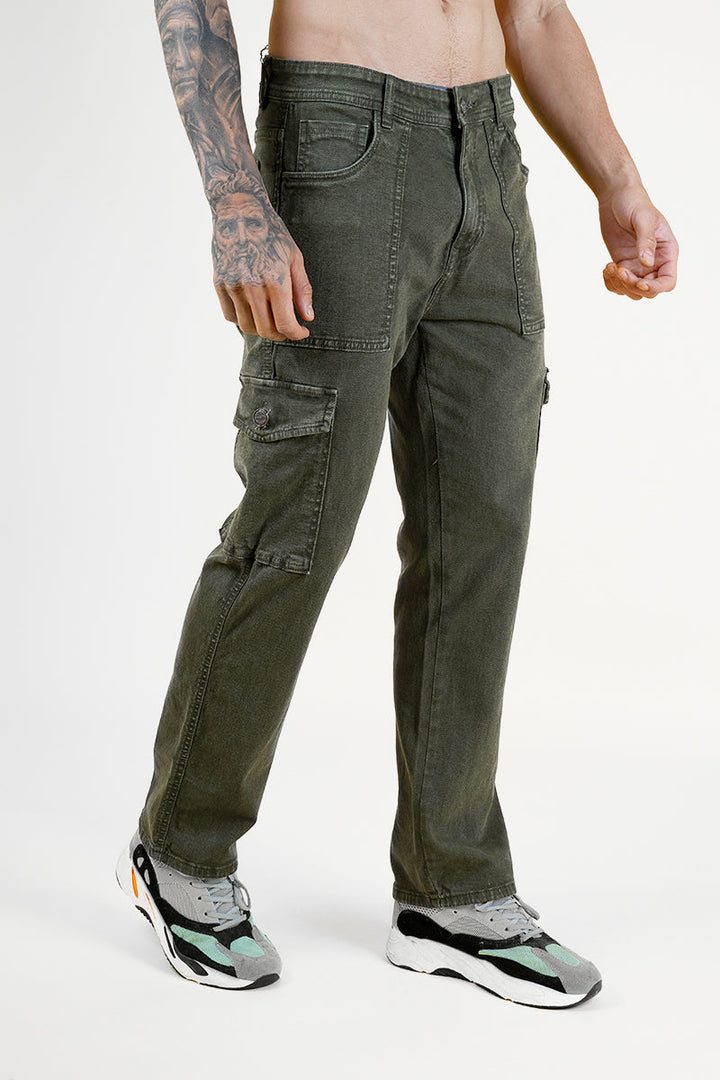 Men's Dark Green Denim Cargo Trousers - Regular Fit