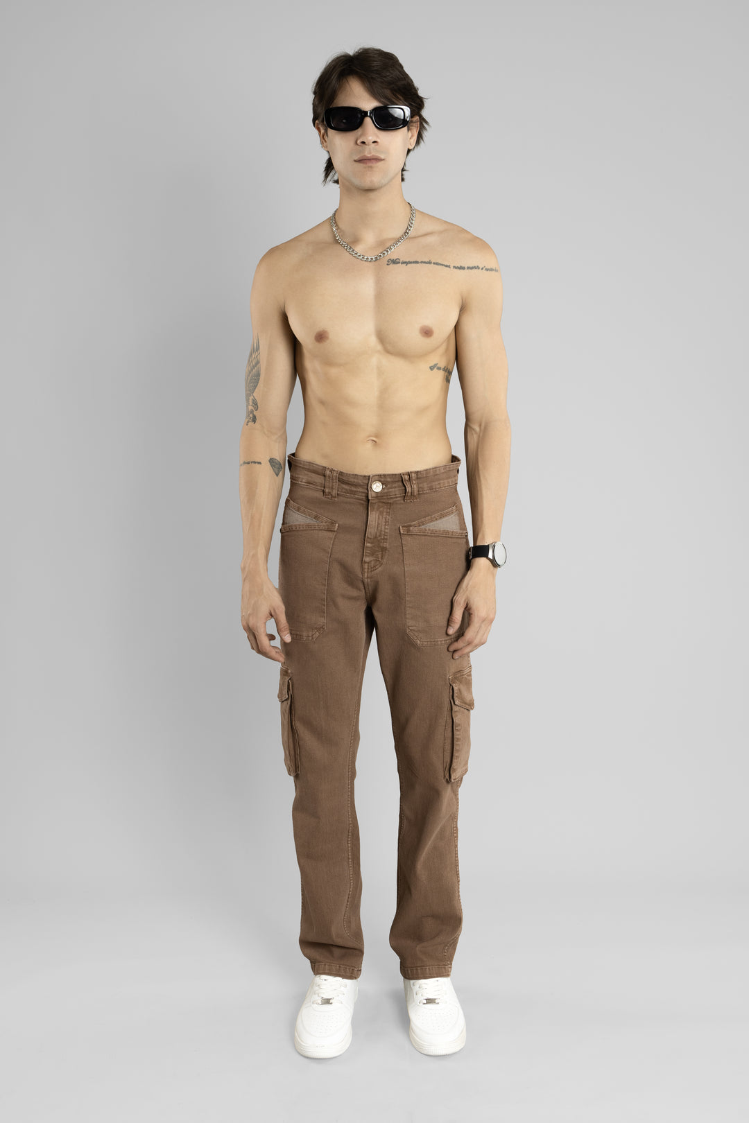 Men's Straight Fit Denim Cargo Pant (Coffee Brown)