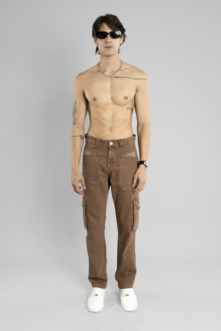 Men's Straight Fit Denim Cargo Pant (Coffee Brown)