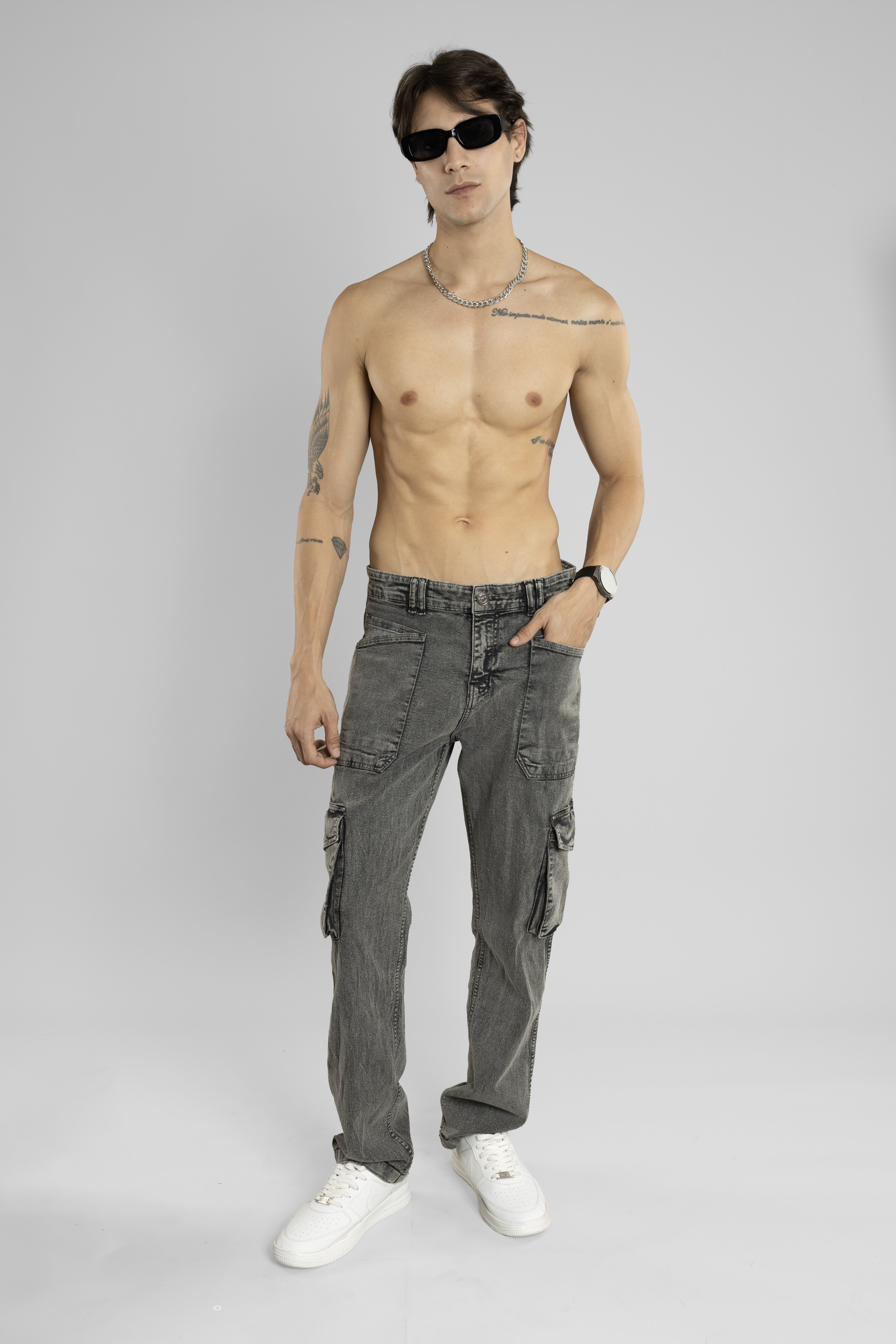 Charcoal Color Regular Fit Denim Cargo Trouser