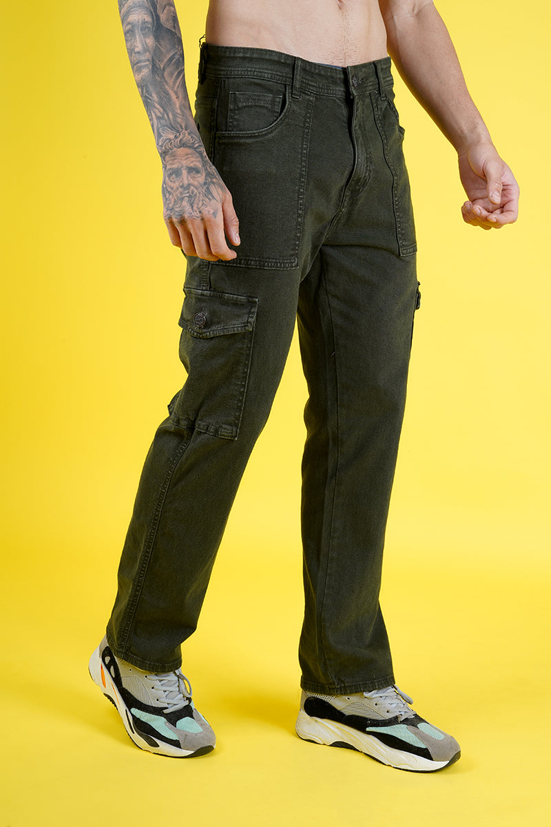 Men's Dark Green Stretchable Denim Cargo Trousers - Regular Fit