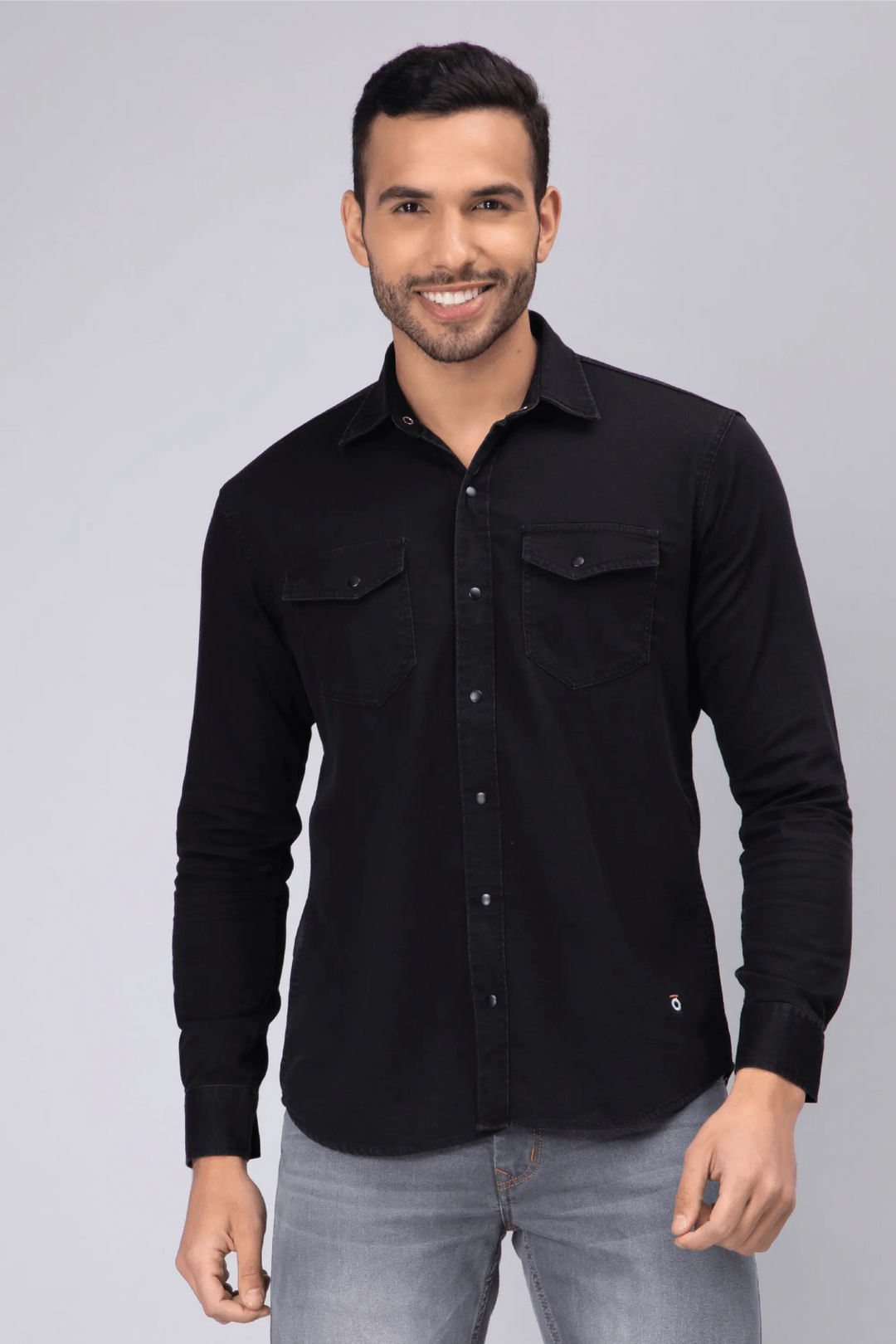 Regular Fit Black Solid Denim Shirt For Men