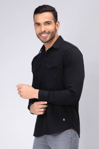 Regular Fit Black Solid Denim Shirt For Men