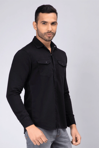 Regular Fit Black Solid Denim Shirt For Men