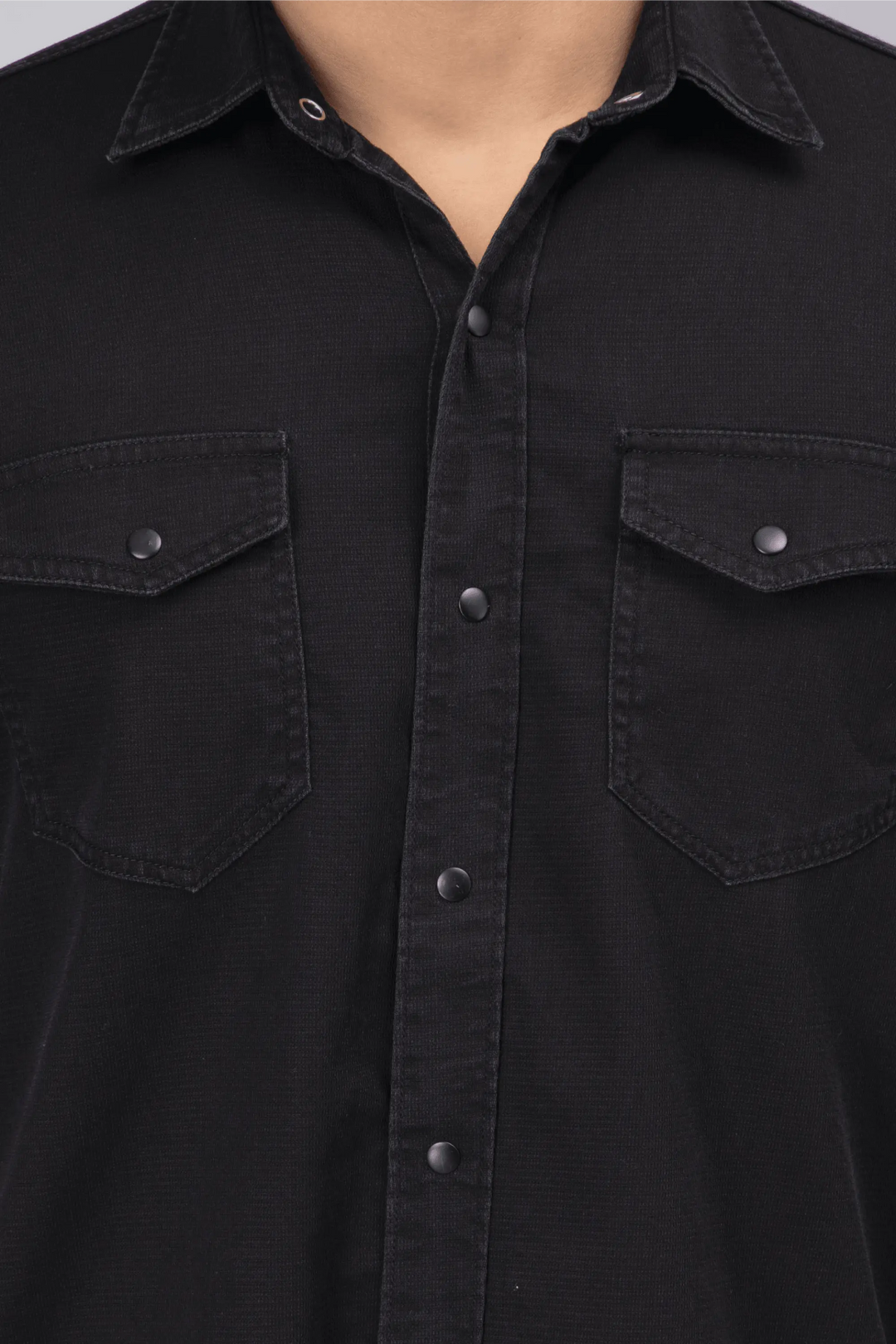 Regular Fit Black Solid Denim Shirt For Men