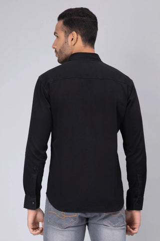 Regular Fit Black Solid Denim Shirt For Men