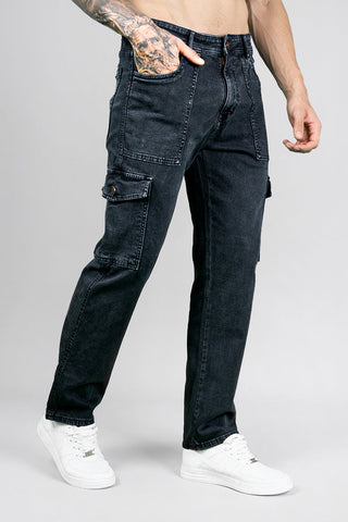 Men's Regular Fit Black Denim Cargo Trousers