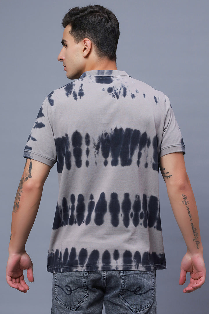 Men's Polo Neck Grey Tie & Dye Cotton T-shirt - Peplos Jeans 